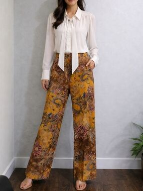 Elie Tahari Floral Paisley Print Marigold Wide Leg Pants Size XS